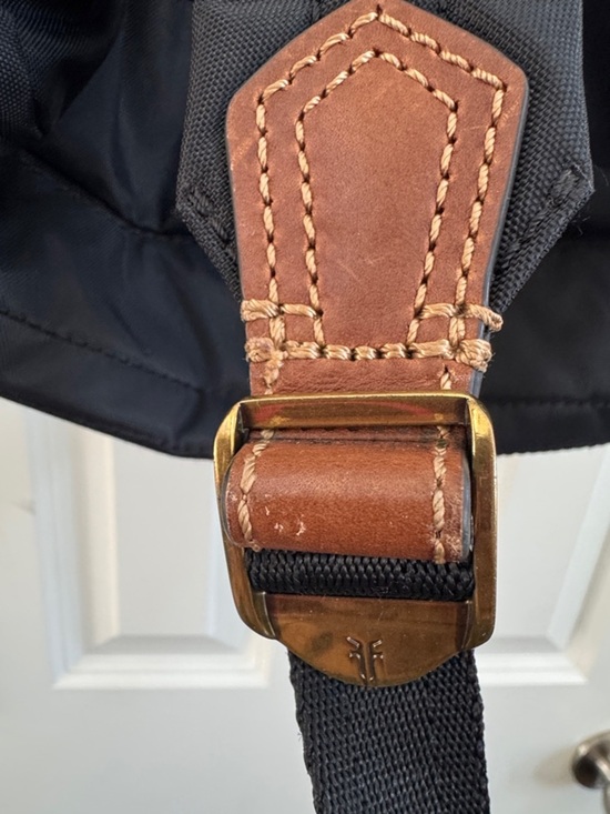 Frye Black Backpack with Brown Leather Accents and Gold Hardware